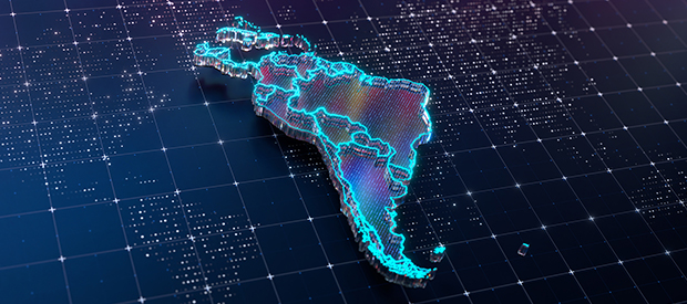 Picture of a map of Central and South America with the countries outlined in light blue and with a dotted black background.